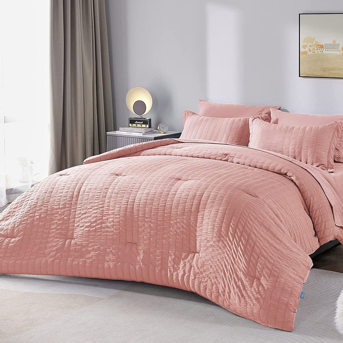 Full/Queen Seersucker Comforter Set with Sheets Pink Bed in a Bag 7-Pieces All Season Bedding Sets with Comforter, Pillow Sham, Flat Sheet, Fitted Sheet, Pillowcase