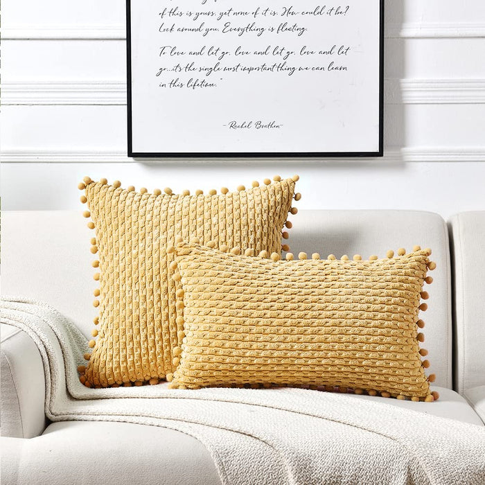 Set of 2 Yellow Decorative Throw Pillow Covers 20X20 Inch with Pom-Poms for Couch Bed Sofa, Modern Farmhouse Boho Spring Home Decor, Soft Plush Corduroy Cute Cushion Case 50X50 Cm