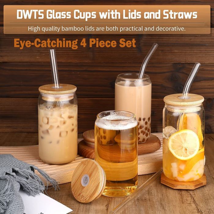 Glass Cups with Lids and Straws 4Pcs Set 16Oz Iced Coffee Cups,Glass Coffee Cups with Lids and Straw,Beer Can Glass with Lids and Straw