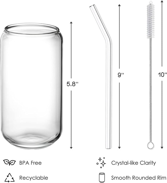 Drinking Glasses with Glass Straw 4Pcs Set - 16Oz Can Shaped Glass Cups, Beer Glasses, Iced Coffee Glasses, Cute Tumbler Cup, Ideal for Whiskey, Soda, Tea, Water, Gift - 2 Cleaning Brushes