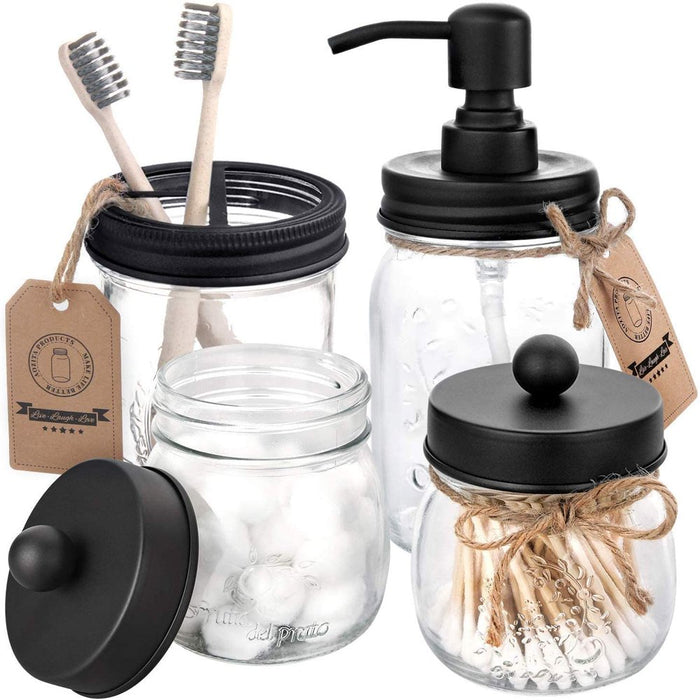 Set of 4 Mason Jar Bathroom Accessories - Clear Mason Jar Soap Dispenser&2 Apothecary Jars & Toothbrush Holder - Bathroom Home Decor Clearance, Countertop Vanity Organizer