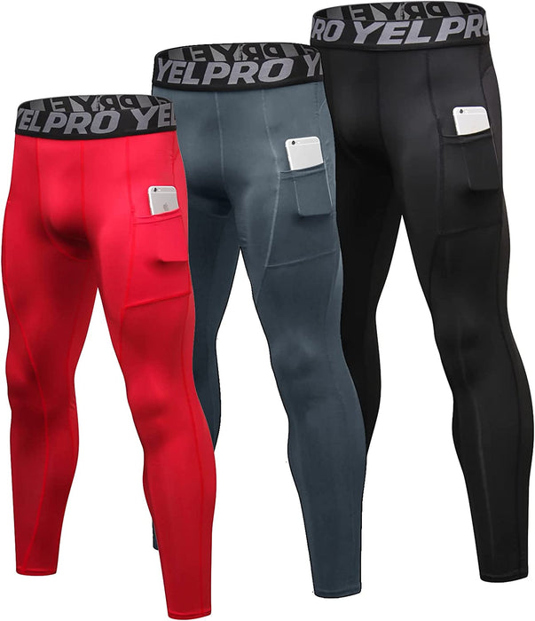 3 Pack Men'S Compression Pants Cool Dry Athletic Tights Sport Leggings with Pocket Baselayer for Running Football Yoga