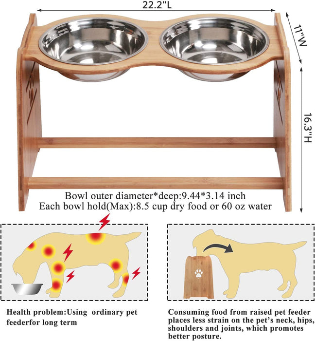 Raised Pet Bowls for Cats and Dogs, Adjustable Bamboo Elevated Dog Cat Food and Water Bowls Stand Feeder with 2 Stainless Steel Bowls and anti Slip Feet (Height 7.9" to 11.4" to 15")