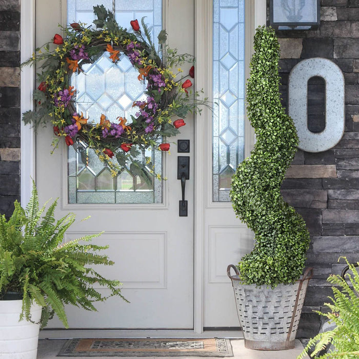 2 Pack Artificial Boxwood Topiary Tree, 4Ft Topiary Plants Potted Trees Decoration for Front Porch Home Living Room, Indoor/Outdoor Use