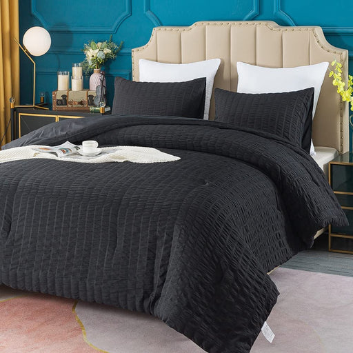 Seersucker Queen Comforter Set (90X90 Inches), 3 Pieces - 100% Soft Washed Microfiber Lightweight Comforter with 2 Pillowcases, All Season down Alternative Comforter Set for Bedding, Black