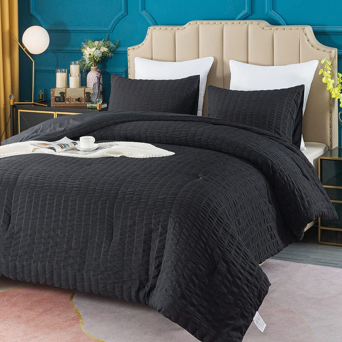 Seersucker Queen Comforter Set (90X90 Inches), 3 Pieces - 100% Soft Washed Microfiber Lightweight Comforter with 2 Pillowcases, All Season down Alternative Comforter Set for Bedding, Black
