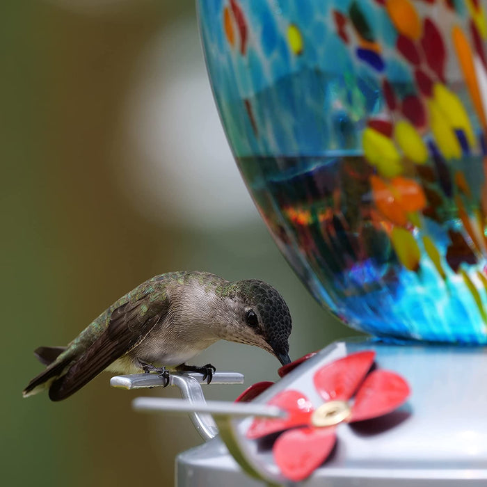 Hummingbird Feeder for Outdoors Hanging, Blown Glass Hummingbird Feeders, Unique Hummingbird Gifts for Women, Containing Ant Moat, 27 Ounces, Blue Fireworks