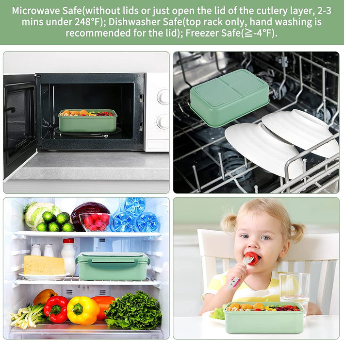 Bento Lunch Box for Kids and Adults with 3 Compartment Leak Proof Lunch Boxes for Men Women Food Containers with Spoon Fork Knife Chopsticks - 1400 ML (Blue)