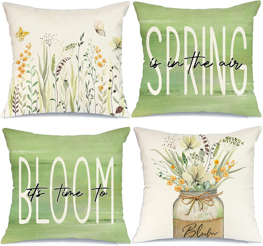 Pillow Covers 18X18 Set of 4 Flowers Mason Jar Leaves Butterfly Spring Pillows Decorative Throw Pillows Green Pillowcase Summer Decorations Farmhouse Decor for Couch Sofa