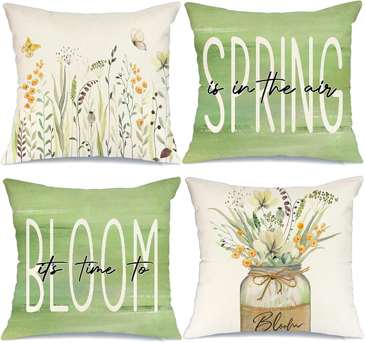 Pillow Covers 18X18 Set of 4 Flowers Mason Jar Leaves Butterfly Spring Pillows Decorative Throw Pillows Green Pillowcase Summer Decorations Farmhouse Decor for Couch Sofa