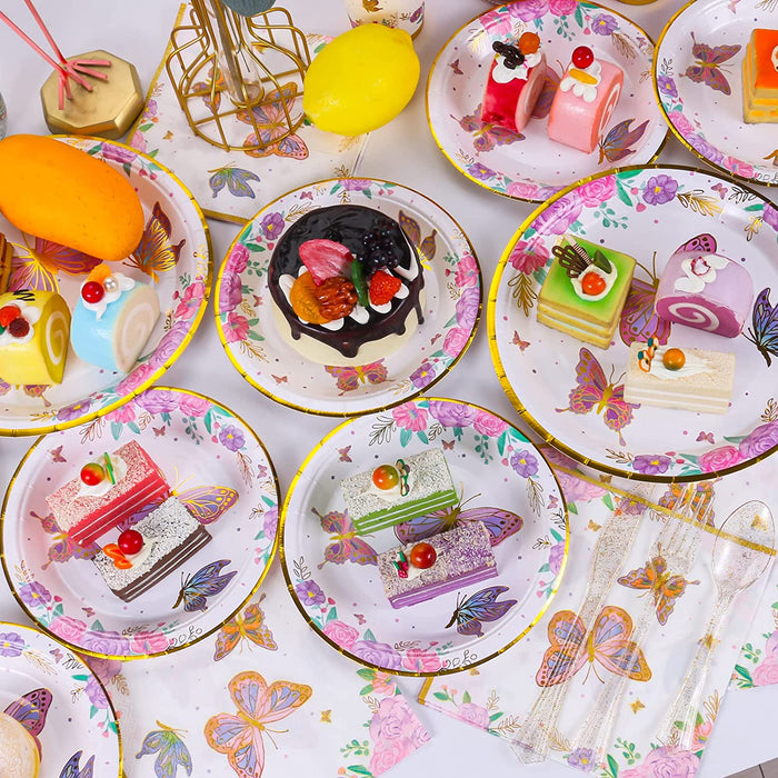 Butterfly Birthday Party Supplies, Butterfly Party Plates, Cups, Napkins and Cutlery, Butterfly Party Decorations for Baby Shower, Birthday, Butterfly Fairy Themed Parties Serves 24