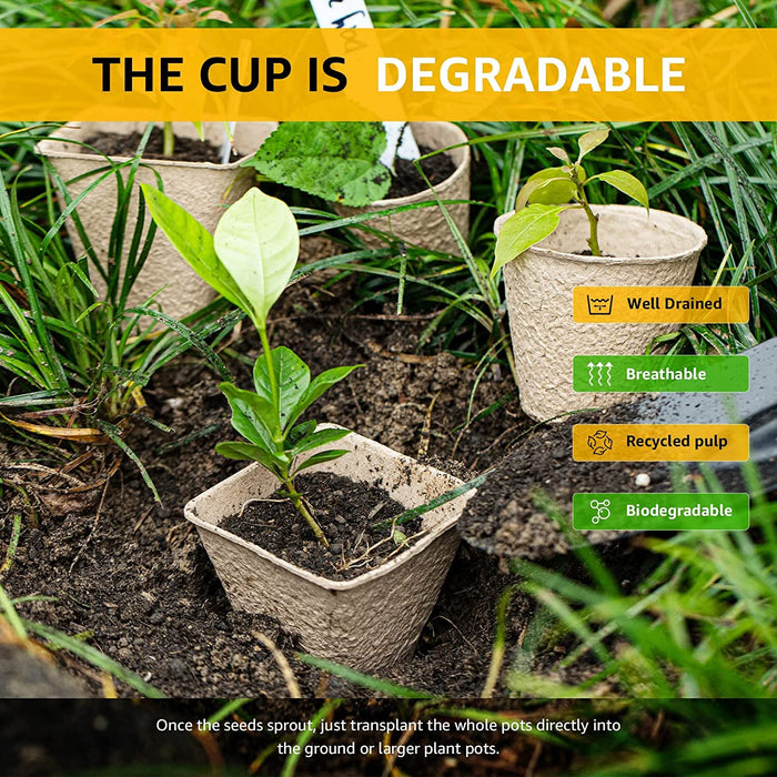 100Pack Peat Pots Planter Nursery Pots Seed Starter Tray for Garden Seedling Organic Eco-Friendly with Plant Labels, 2 Transplant Tools