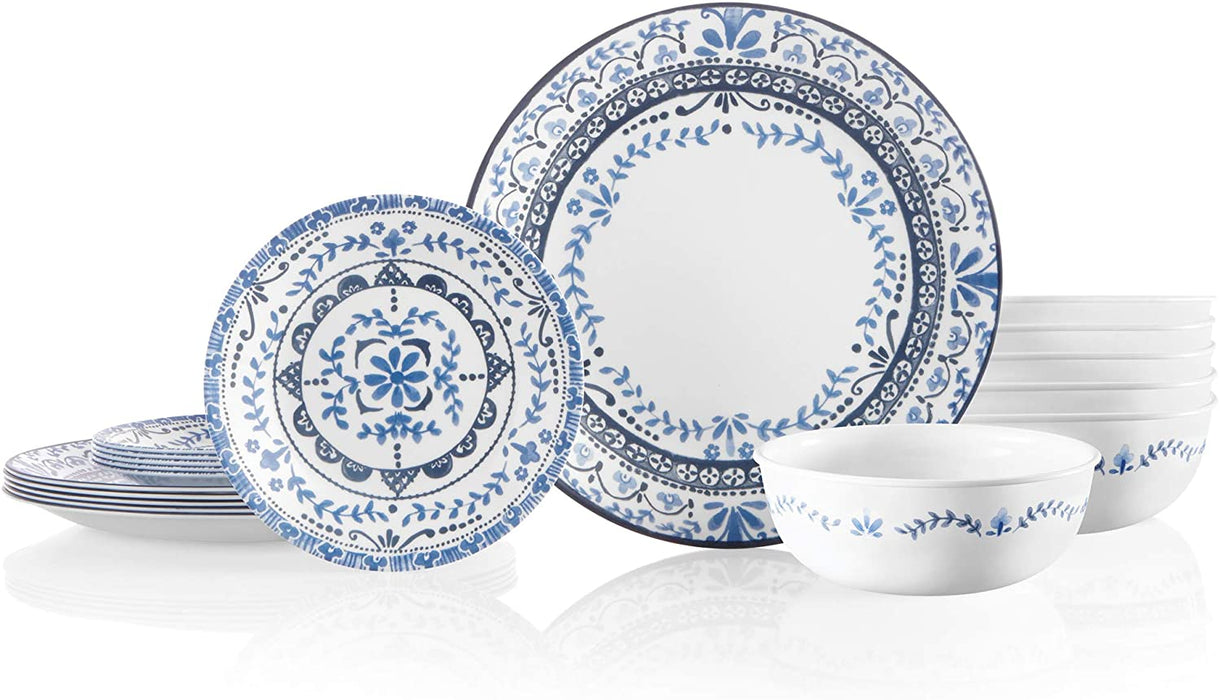 Vitrelle 18-Piece Service for 6 Dinnerware Set, Triple Layer Glass and Chip Resistant, Lightweight round Plates and Bowls Set, Indigo Speckle