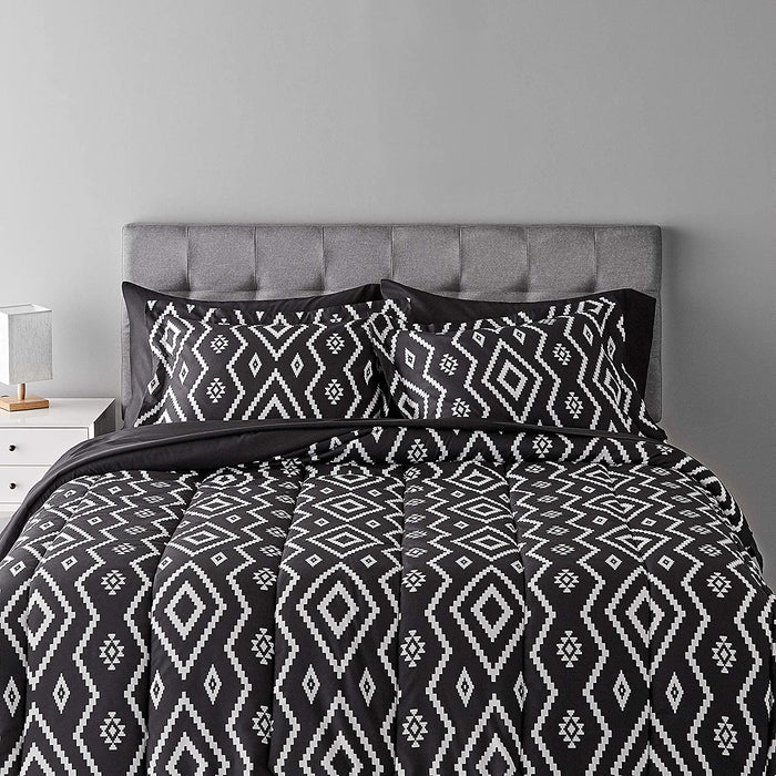 7-Piece Lightweight Microfiber Bed-In-A-Bag Comforter Bedding Set - Full/Queen, Black Aztec