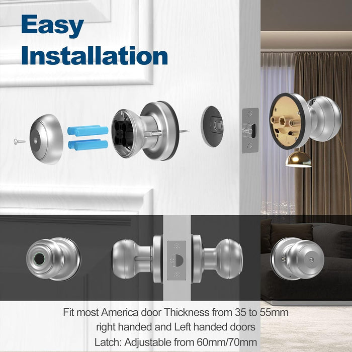 Smart Door Knob, Fingerprint Door Lock Smart Lock Biometric Door Lock Fingerprint Door Knob with App Control, Great for Bedrooms,Cloakroom,Apartments Offices,Hotels, Satin Nickel
