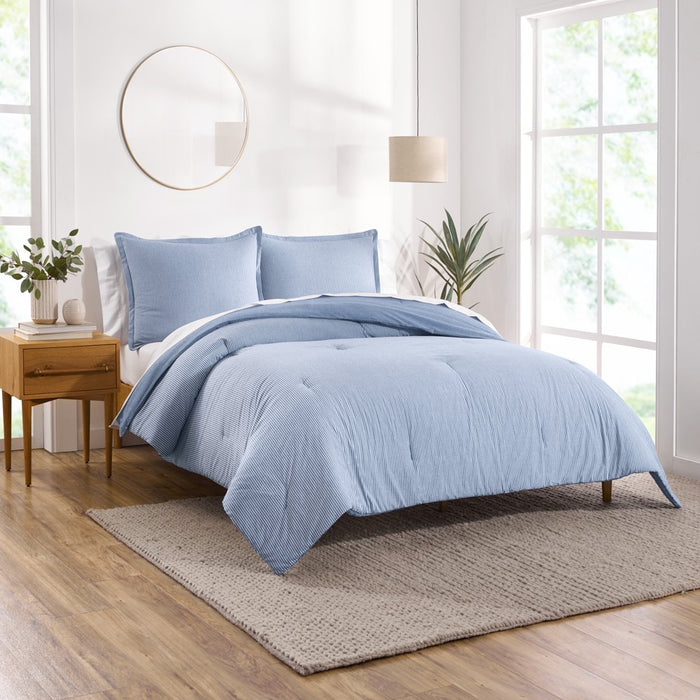 Yarn Dyed Washed Chambray Stripe Reversible Organic Cotton Comforter Set, Full/Queen, Blue, 3-Pieces