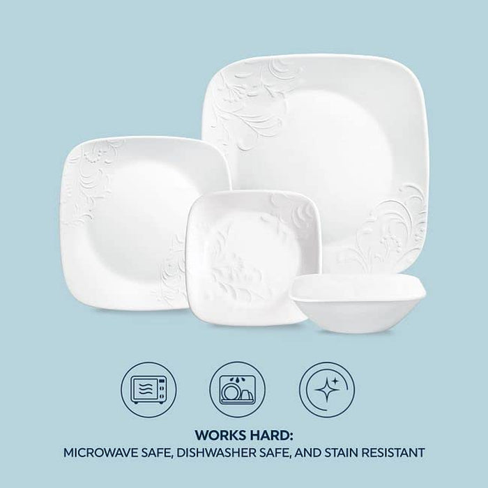 Cherish 16Pc, Service for 4, Dinnerware Set, 8 Plates 8 Bowls, Chip & Break Resistant, Dinner Plates and Dinner Bowls, ware Plates, White