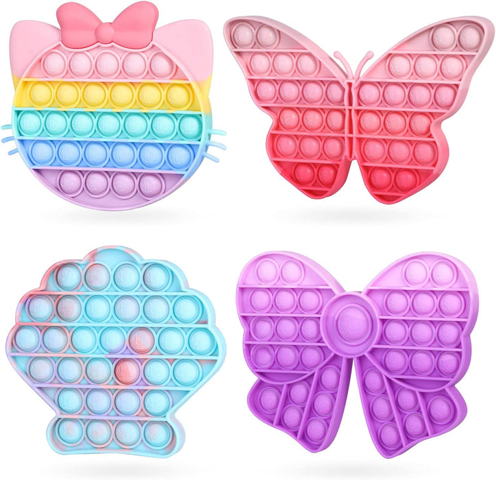 Girls Push Bubble Fidget Toys 4 Packs with Pop Sound, Pastel Rainbow Butterfly Pink Cute Kitten Cat Bow Blue Seashell Popper Autism Sensory Stress Reliever Toys for Toddlers Kids Car Travel