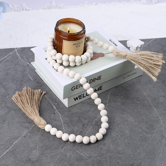 Farmhouse Beads 58In Wood Bead Garland with Tassels Rustic Country Decor Prayer Boho Beads Big Wall Hanging Decor