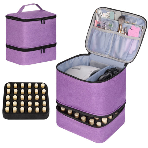 Nail Polish Organizer and Nail Dryer Case, Double-Layer Nail Polish Storage Holds 30 Bottles (15Ml/0.5 Fl.Oz) and 1 Led Nail Lamp, Travel Carrying Case for Nail Polish Kit Set (Purple)