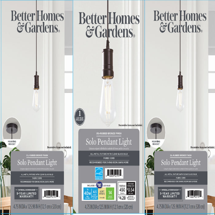 Better Homes & Gardens Industrial Bare 1-Light Pendant Light, Bronze