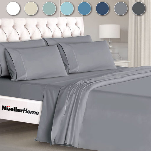 Mueller Ultratemp King Size Sheets Set, Super Soft 1800, 6 Piece, Deep Pocket up to 16" Bed Sheets, Transfers Heat, Breathes Better, Hypoallergenic, Wrinkle, Light Grey