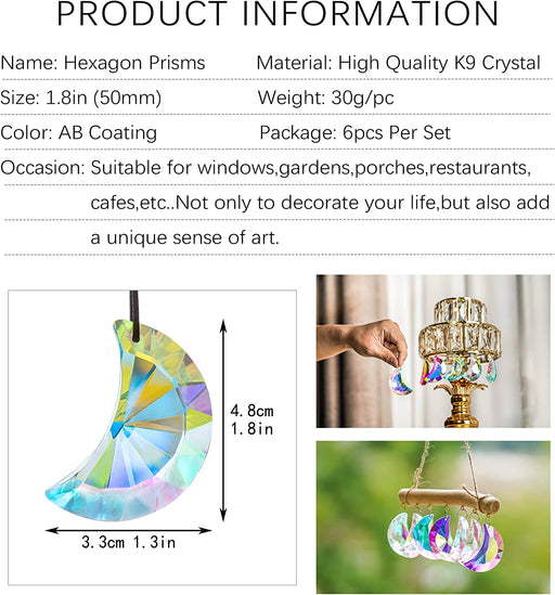 6Pcs Colorful Crystal Faceted Half Moon Prisms Chandelier Lamp Lighting Drops Pendants Prisms Hanging Crystals Suncatcher for Window Garden Home Decoration