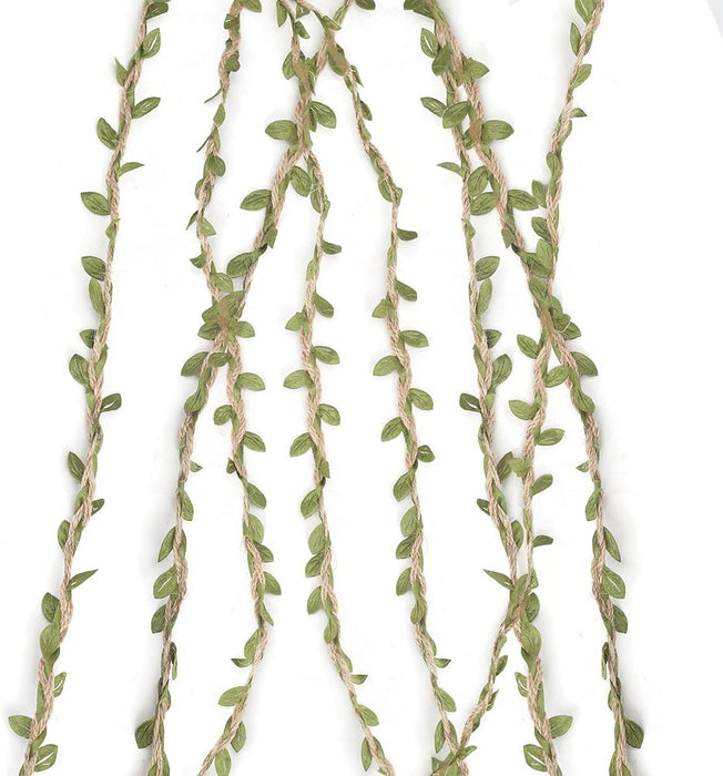 66Ft Natural Jute Twine, 5MM Burlap Leaf Ribbon with Artificial Vine Green Leaves for Wedding Home Garden Jungle Safari Party Decorations