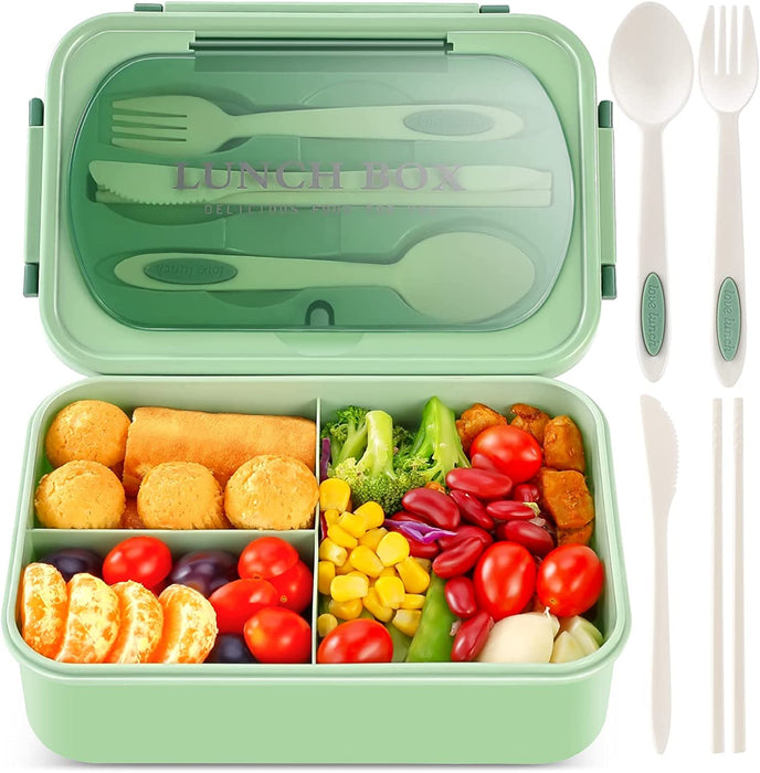 Bento Lunch Box for Kids and Adults with 3 Compartment Leak Proof Lunch Boxes for Men Women Food Containers with Spoon Fork Knife Chopsticks - 1400 ML (Blue)