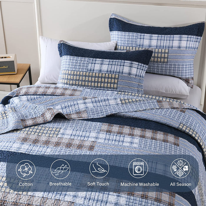 Quilt Queen Size 100% Cotton Queen Size Quilts Blue Beige White Bedspreads Plaid Quilts Lightweight Soft Breathable Bedding Sets for All Season, 3 Piece
