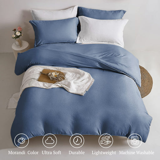 Super Soft Duvet Cover - 100% Washed Microfiber Light Denim Comforter Cover Set 3 Pieces Queen Size Bedding Set with Zipper Closure & Corner Ties