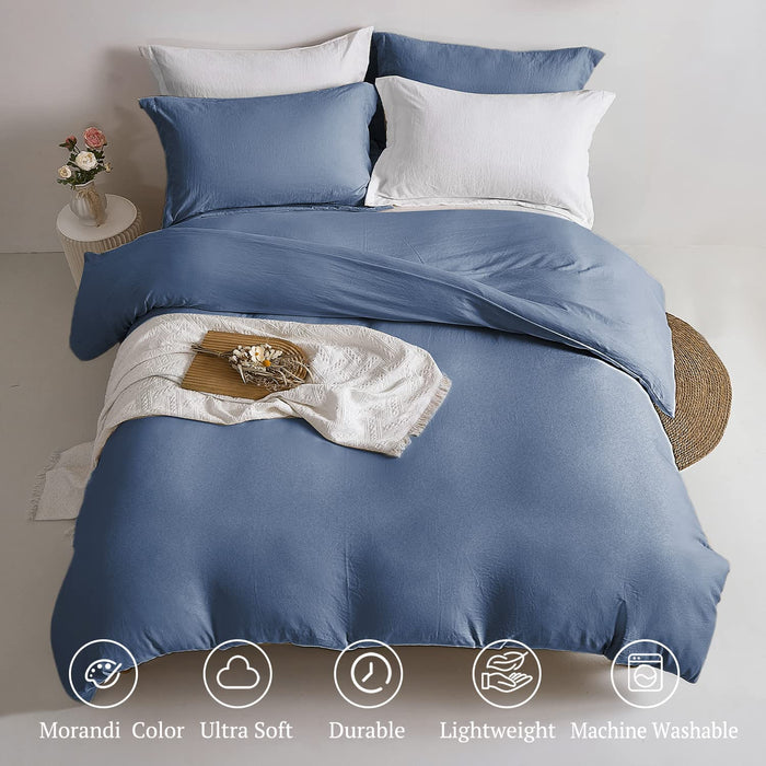 Super Soft Duvet Cover - 100% Washed Microfiber Light Denim Comforter Cover Set 3 Pieces Queen Size Bedding Set with Zipper Closure & Corner Ties