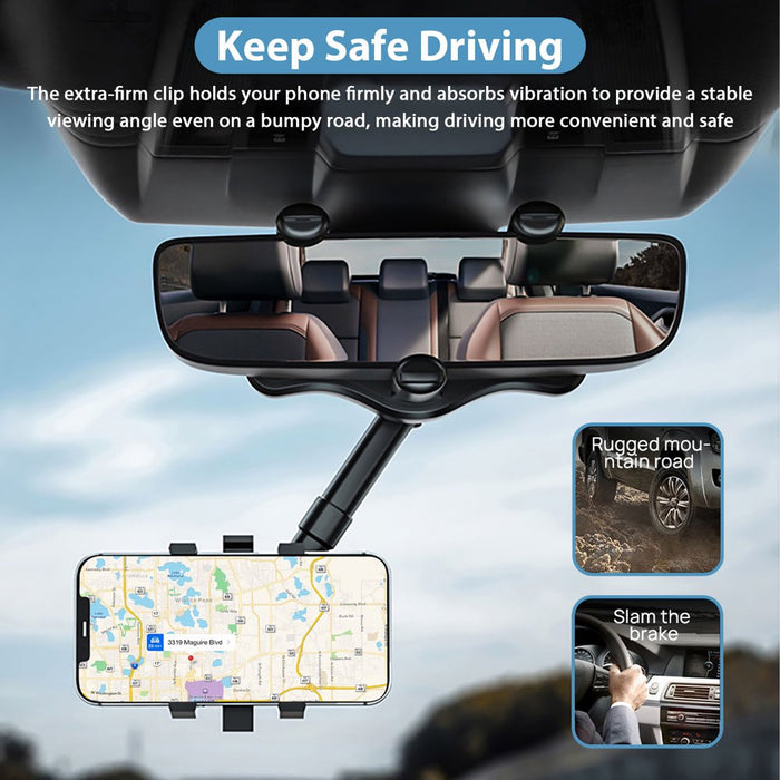 Car Phone Mount,  Car Rearview Mirror Cell Phone Holder, Universal Adjustable Rear View Mirror Clips Cradle, 360° Phones Bracket Car Mount Fits for Iphone 13 12 Pro Max, Galaxy