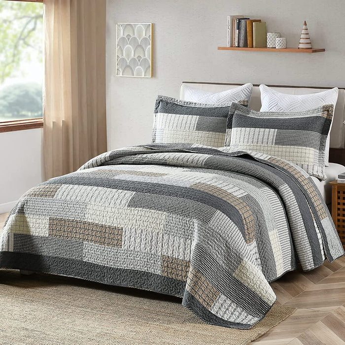 Quilt Queen Size 100% Cotton Queen Size Quilts Grey Black Brown Bedspreads Plaid Quilts Lightweight Soft Breathable Bedding Sets for All Season, 3 Piece