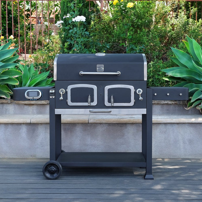 Kenmore 32-Inch Smart Charcoal Grill with Bluetooth Meat Thermometer, LCD Display, and Temperature Probes, Black/Stainless Steel