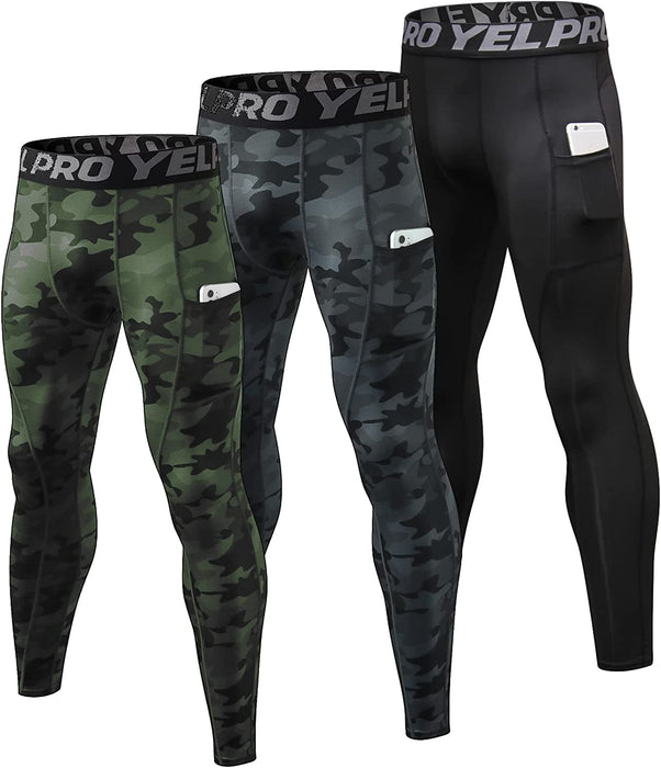 3 Pack Men'S Compression Pants Cool Dry Athletic Tights Sport Leggings with Pocket Baselayer for Running Football Yoga