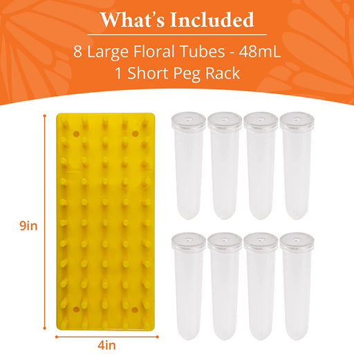 Short Peg Rack with 8 Large Floral Tubes to Feed Caterpillars Fresh Milkweed Cuttings, Host Plants, and Nectar Flowers by