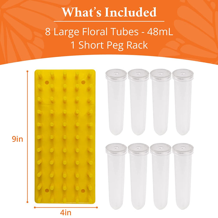 Short Peg Rack with 8 Large Floral Tubes to Feed Caterpillars Fresh Milkweed Cuttings, Host Plants, and Nectar Flowers by