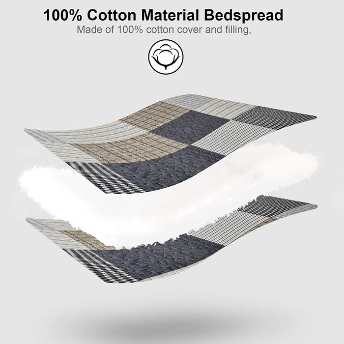 100% Cotton Quilt Set Queen Size,Patchwork Plaid Queen Quilt Bedding Set Bedspreads,Farmhouse Lightweight Comforter,Grey/Gray/Black/Tan/White/Cream Reversible Quilt for Queen Bed,3 Pieces