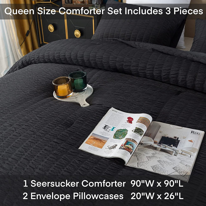 Seersucker Queen Comforter Set (90X90 Inches), 3 Pieces - 100% Soft Washed Microfiber Lightweight Comforter with 2 Pillowcases, All Season down Alternative Comforter Set for Bedding, Black