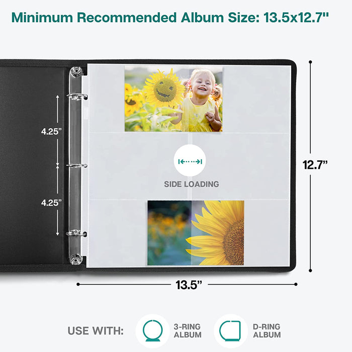 Photo Album Refill Pages 12X12 - (4X6 Landscape, 25 Pack) Holds 300 4X6" Photos, 4X6 Photo Sleeves for 3 Ring Binder, D-Ring Scrapbook Album 12X12, Archival Quality Page Protectors 12X12