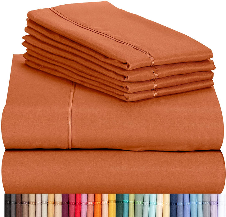 6 PC Sheet Set Sheets Deep Pockets 18" Eco Friendly Wrinkle Free Sheets Machine Washable Hotel Bedding Silky Soft - Autumn Orange Queen