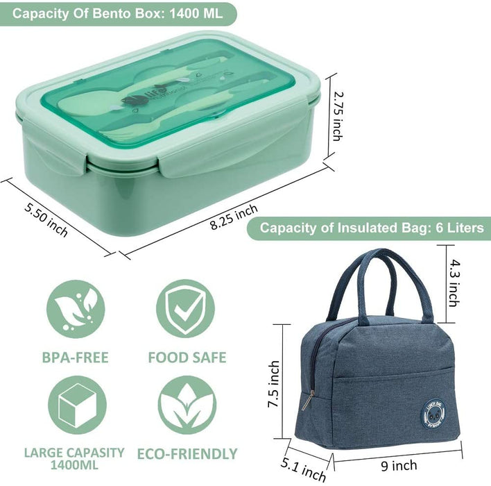 Bento Boxes for Adults, 1100 ML Bento Lunch Box for Kids Childrens with Utensils, Insulated Lunch Bag, Durable for On-The-Go Meal, Bpa-Free and Food-Safe Materials(Green with Bag)