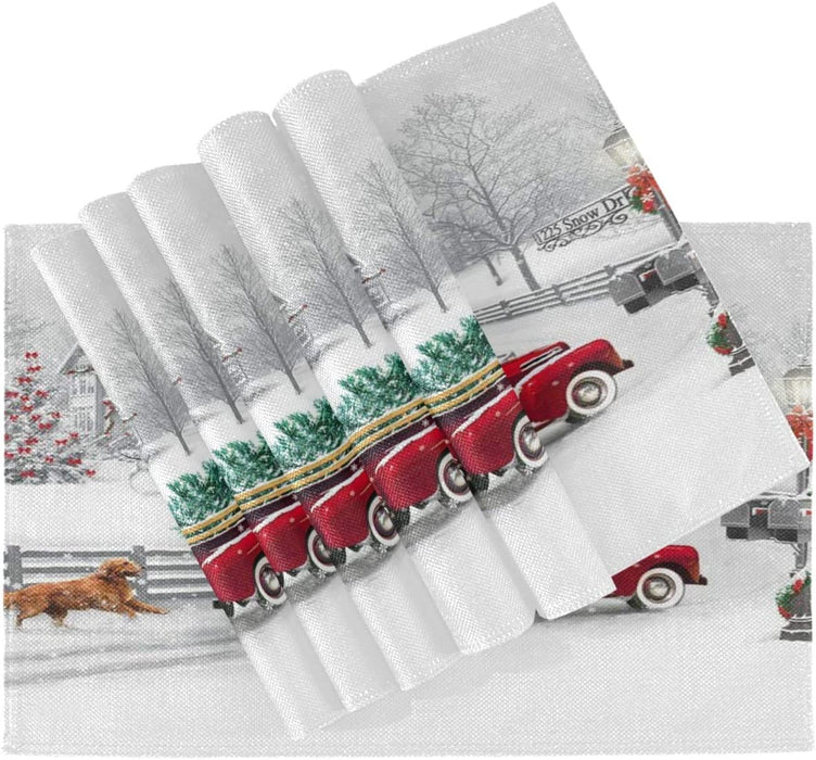Pfrewn Winter Red Truck Dog Snow Placemats Set of 6 Table Mat Christmas Snowflake Place Mat Double-Sided Print 12" X 18" Dining Home Kitchen Xmas Table Decoration