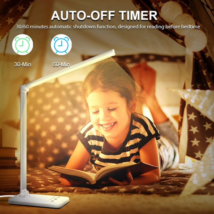 LED Desk Lamp Dimmable Table Lamp Reading Lamp with USB Charging Port, 5 Lighting Modes, Sensitive Control, 30/60 Minutes Auto-Off Timer, Eye-Caring Office Lamp