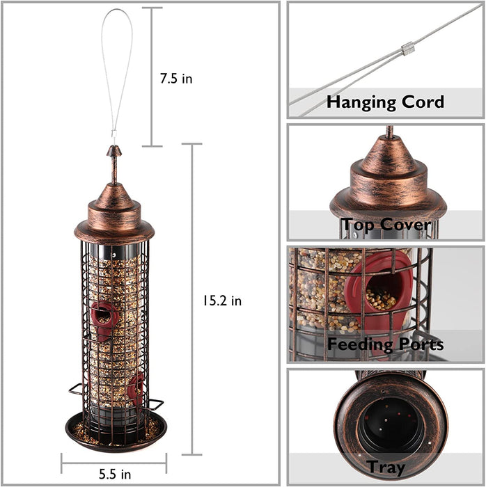 Birdland Tube Wild Bird Feeder for Garden Yard Outdoor Decor, with 4 Feeding Ports & Drainage Holes, 1.35 Lb Capacity, Bronze