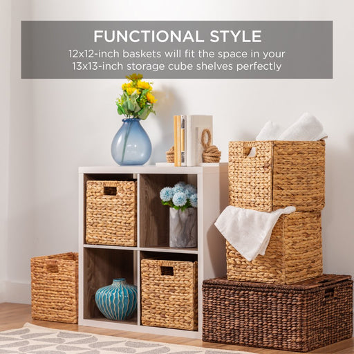 12X12In Hyacinth Baskets, Set of 5 Multipurpose Collapsible Organizers W/ Inserts - Natural