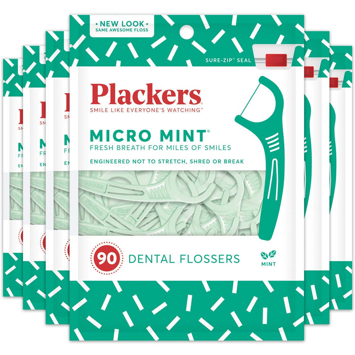 Plackers Micro Mint Dental Flossers, Fresh Mint Flavor, Fold-Out Toothpick, Super Tuffloss, Easy Storage with Sure-Zip Seal, 300 Count