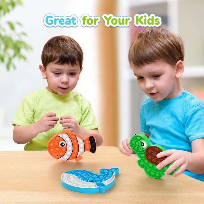 3 Pack Push Bubble Fidget Sensory Toys, Sensory Fidget Poppers Push Bubble Toy, Silicone Squeeze Autism Anxiety Stress Relief Educational Popping Toys for Kids Adults - Clown Fish, Whale, Turtle