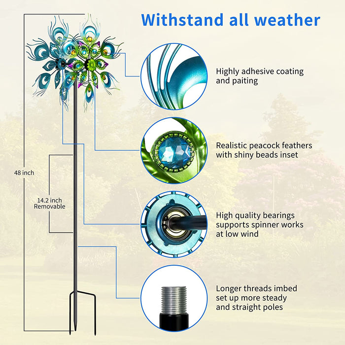 Peacock Wind Spinner, 48Inch Double Wind Sculpture, Kinetic Wind Spinners Outdoor Metal Stake Yard Spinners, Garden Wind Catcher Wind Mills, Wind Spinners for Yard and Garden